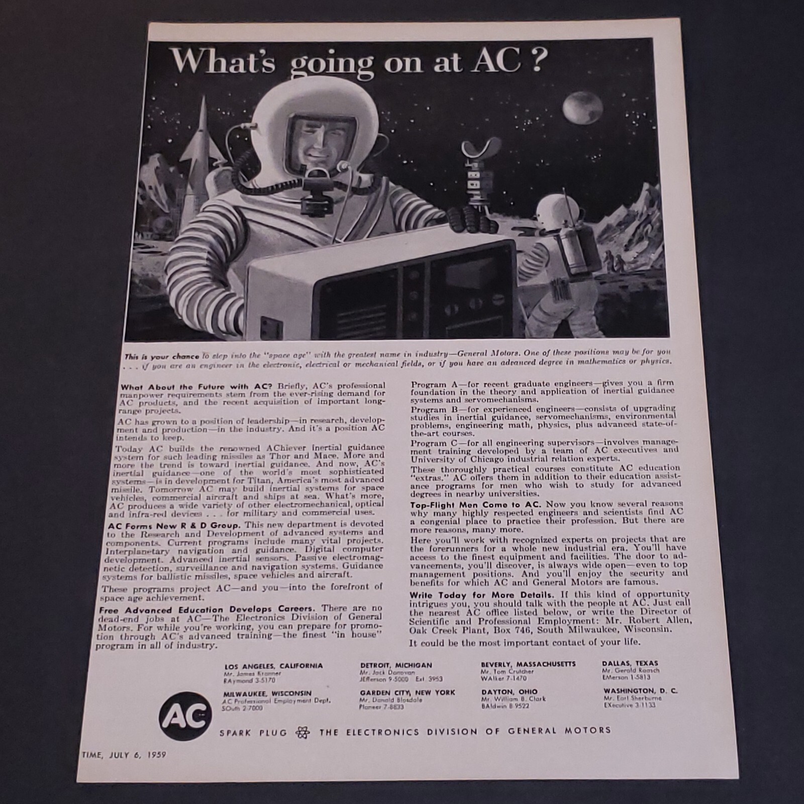 1959 AC Spark Plug Electronics of General Motors Advertisement 1950s Print Ad