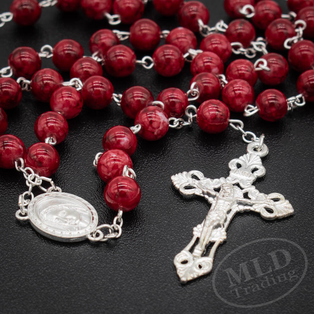 Deep Red Marble Glass Rosary Necklace, 22″, 8mm Beads, Catholic Ave Maria Center
