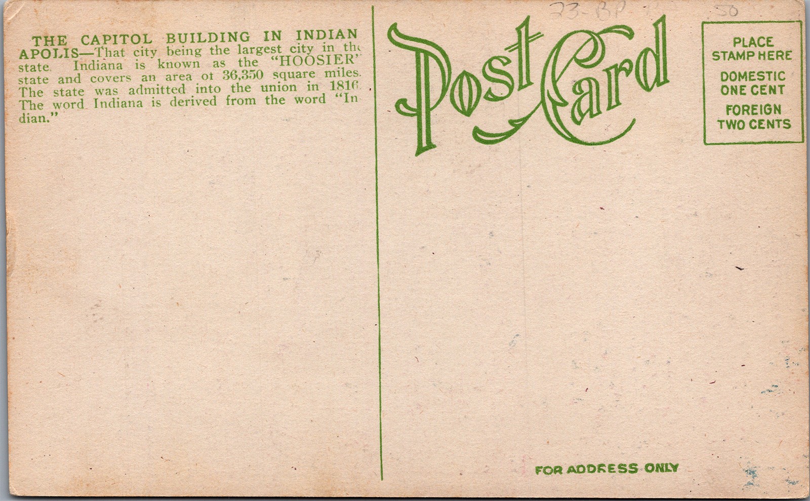 Undivided Back Postcard Indianapolis US State Capitol Building