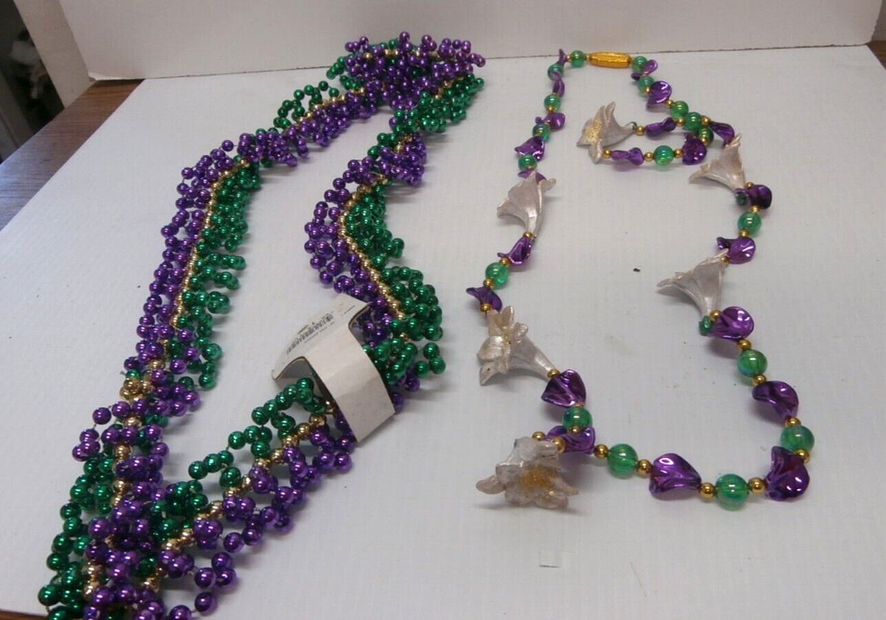 Lot of 2 Authentic Mardi Gras Beads Necklaces Purple Green Gold Flowers Lot #18