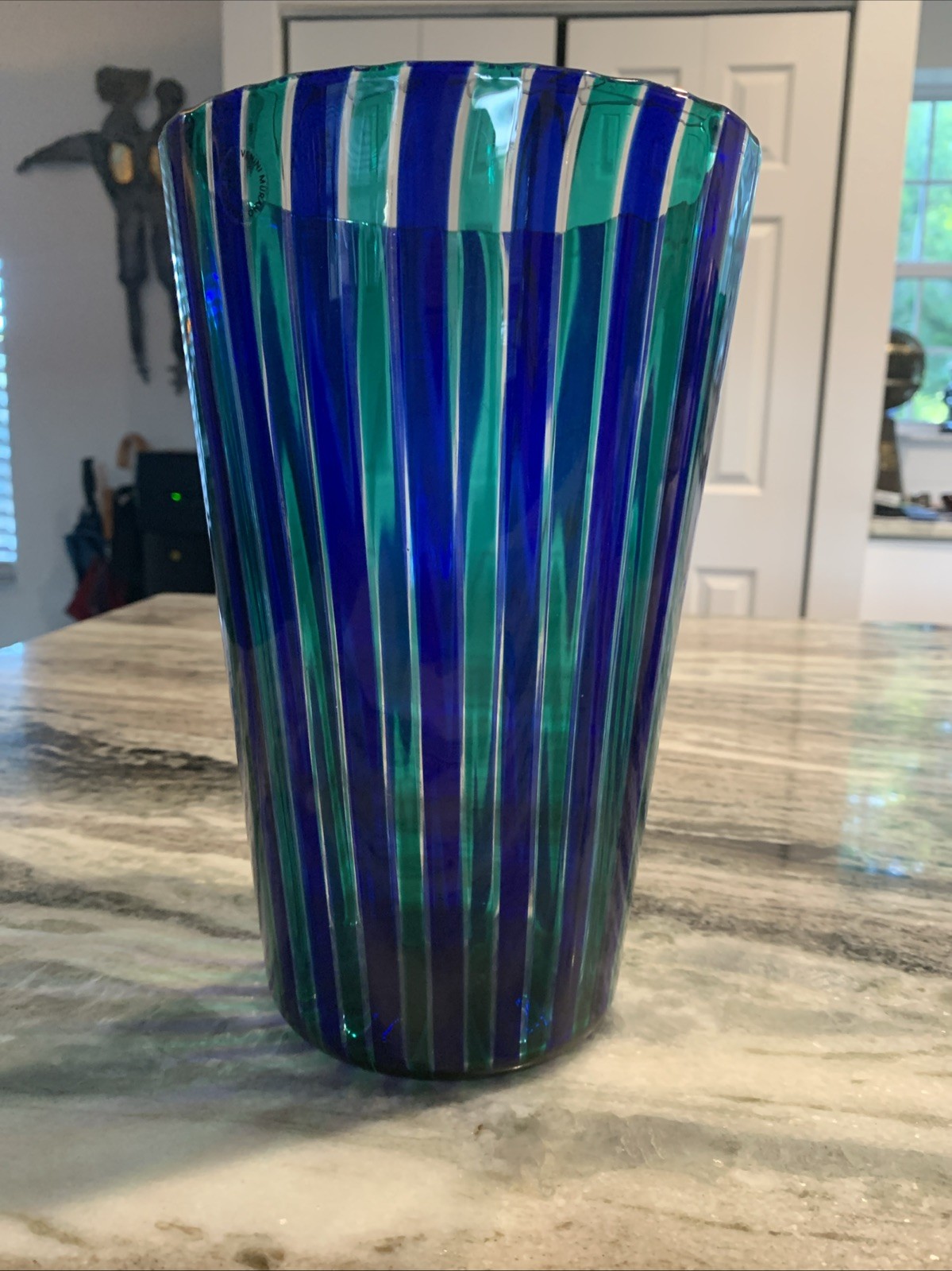 Gio Ponti for Venini Murano Glass , Green & Blue cane Glass Vase. Dated 94