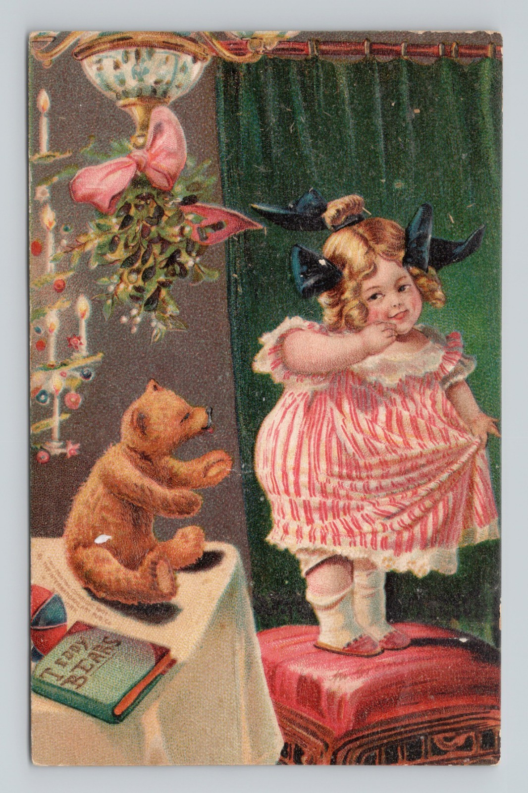 1907 Antique Christmas Postcard Girl Teddy Bear Book M Greiner IAP Ontario
