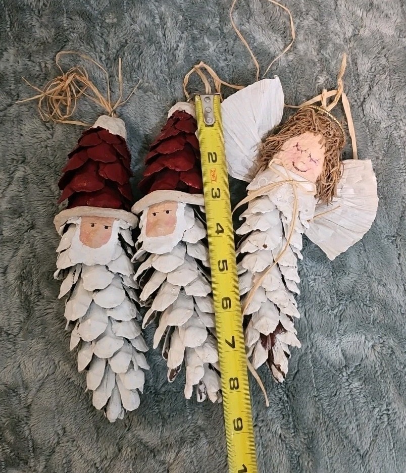 VTG Christmas Pinecone 8″ Tall Ornaments Handmade 2 Santa & 1 Angel Made In USA