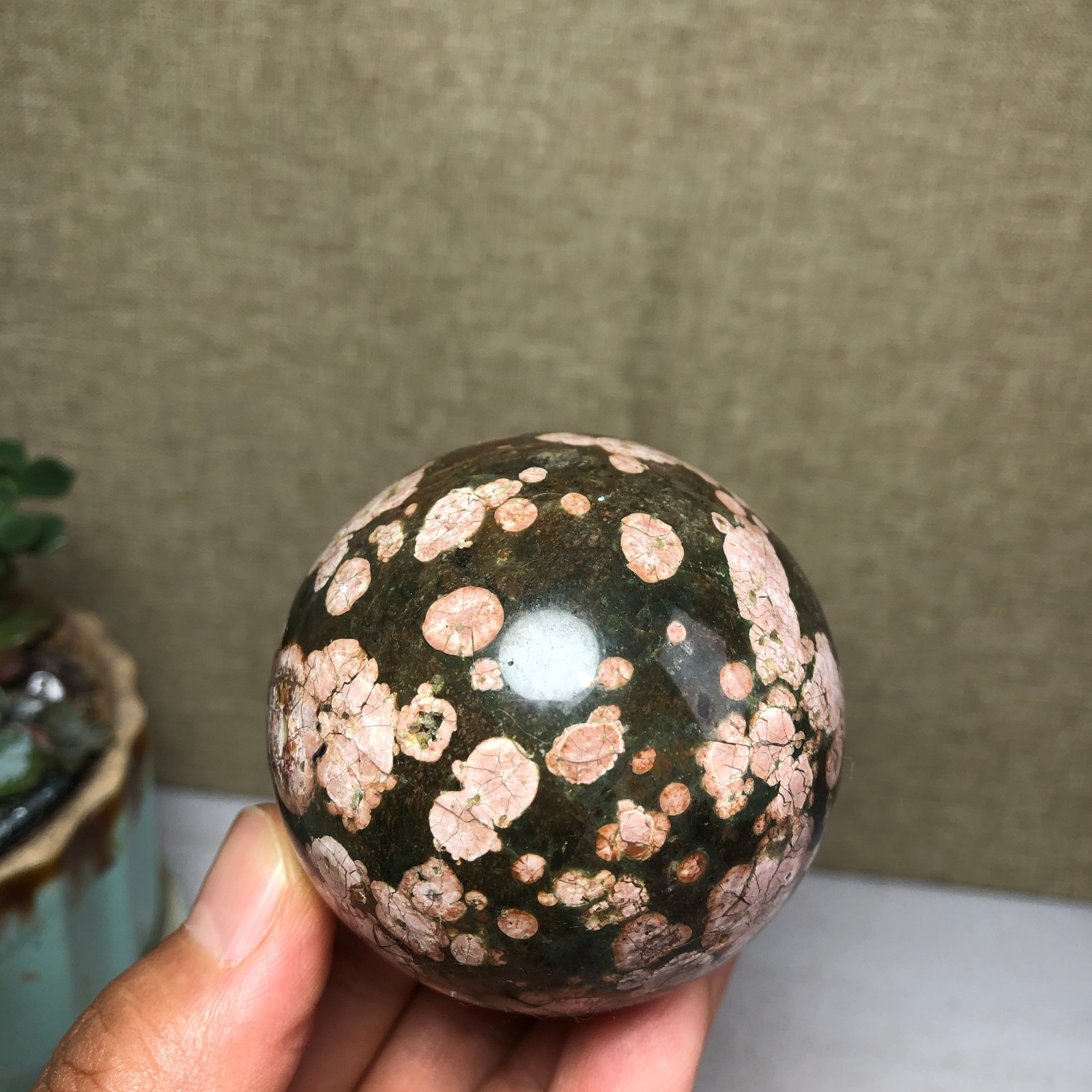 54mm Natural Green Plum Blossom Jade sphere ball Crystal specimens 209g A4909