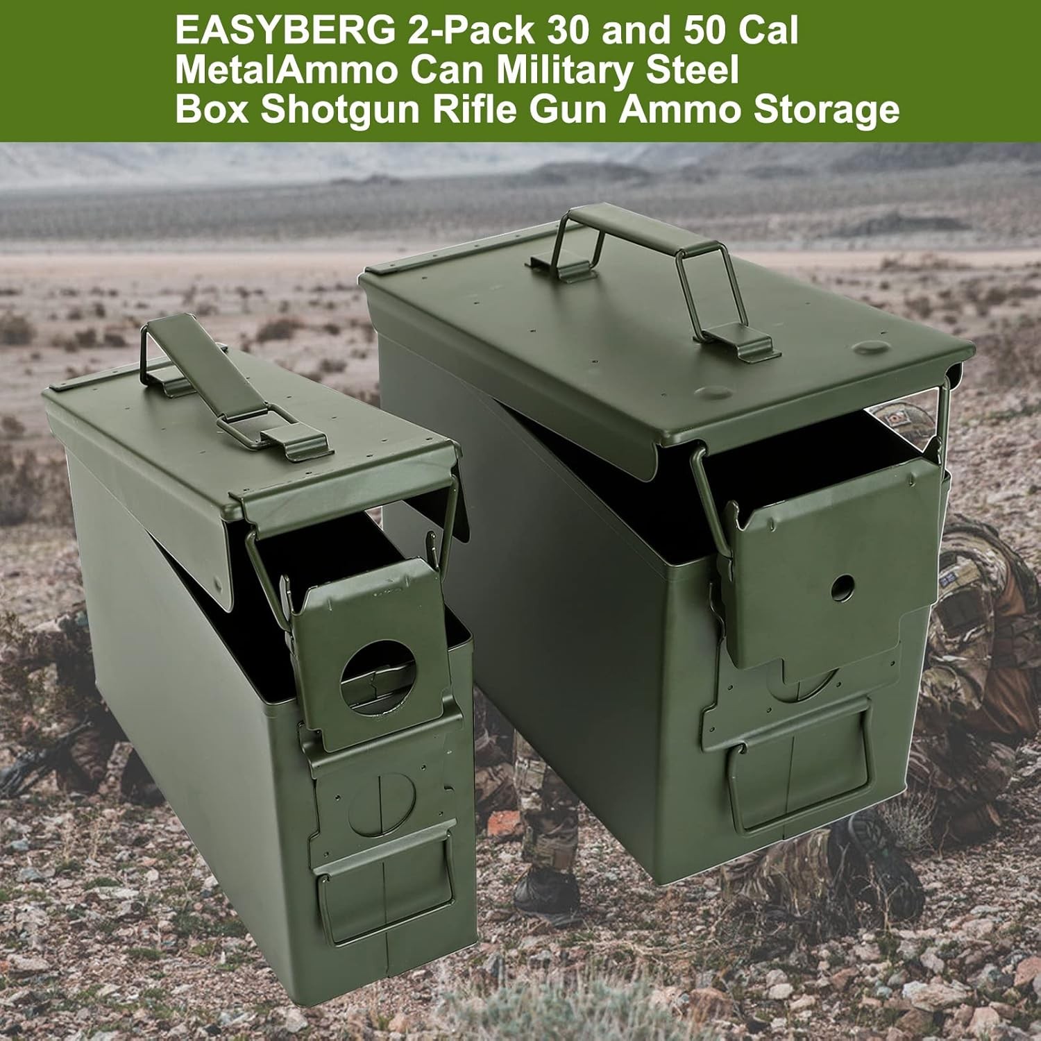 2 pcs 30 50 Cal Stackable&Waterproof Green Metal Ammo Can for Long-Term Storage