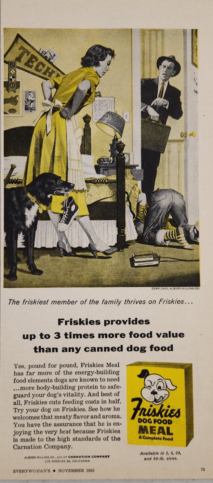 1955 Print Ad Friskies Dog Food Meal Dog Takes Boys Shoe Before School