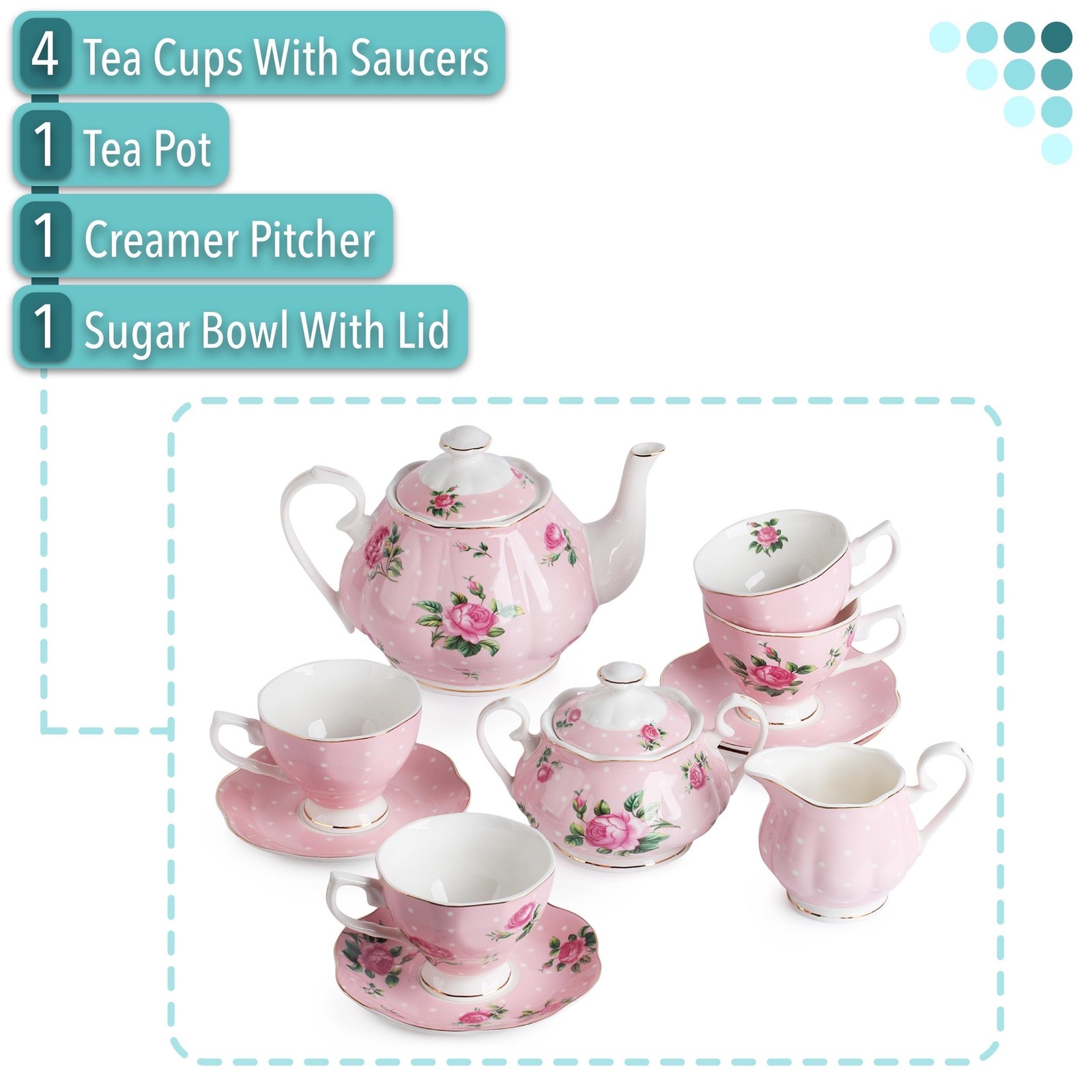 BTaT- Floral Tea Sets for Adults, 13 pcs, Service for 4, Pot (38 oz) & Cups (…