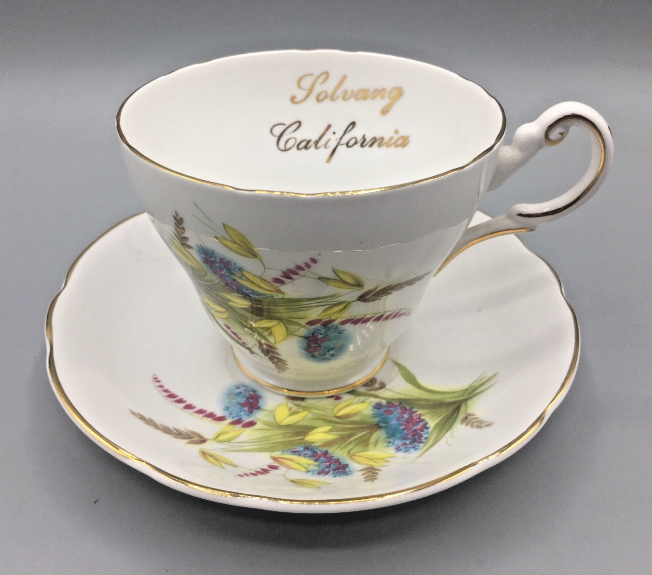 Regency Teacup & Saucer “Solvang” CA Blue Yellow England Bone China Vintage
