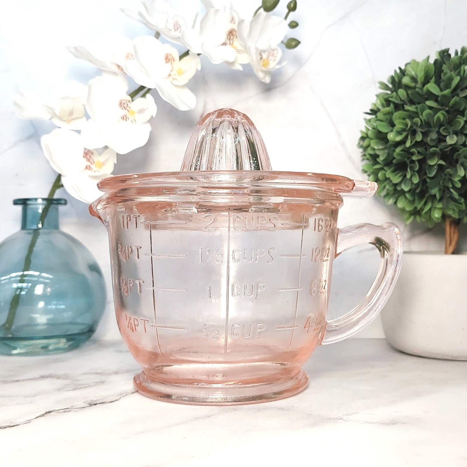 Pink Depression Style Glass Juicer Reamer & 2 Cup Measuring Cup / Mixing Bowl