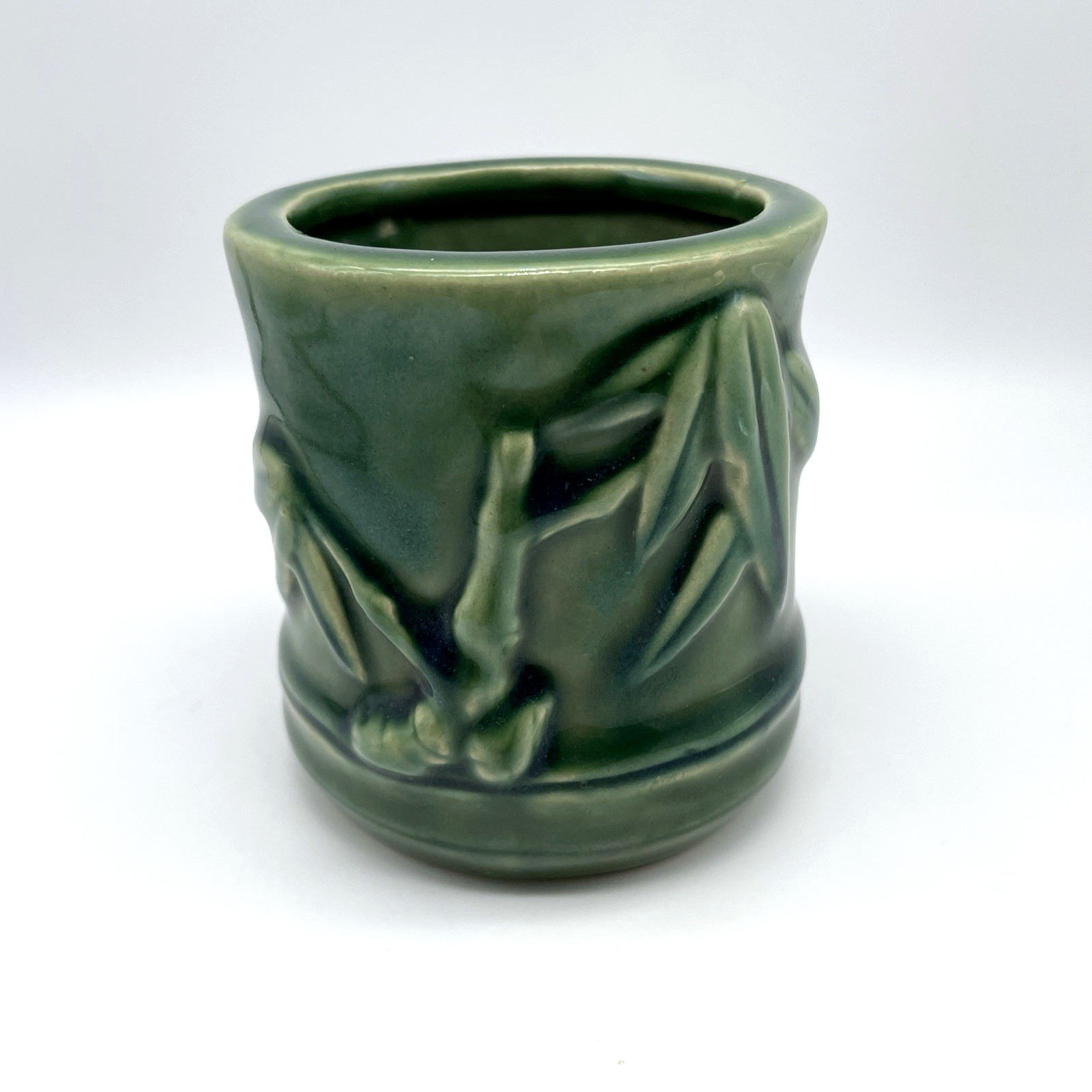 Vtg Lucky Bamboo Planter Green Leaves Asian Tropical 3.5″ Glossy Marked B-146