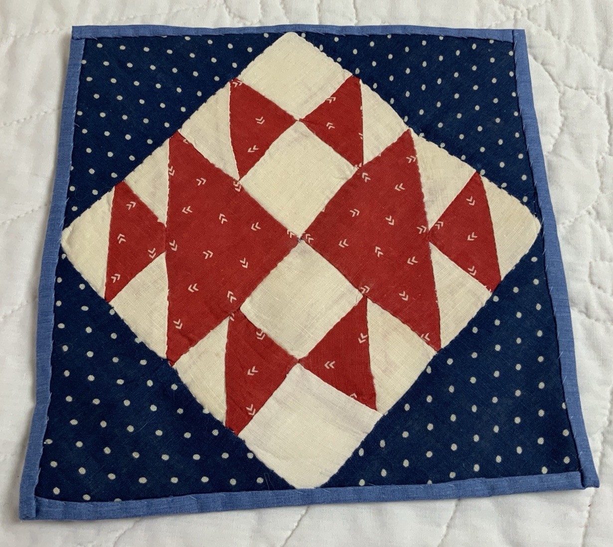 Antique Vintage Patchwork Quilt Table Topper, Four Patch W/ Triangles, Red, Navy