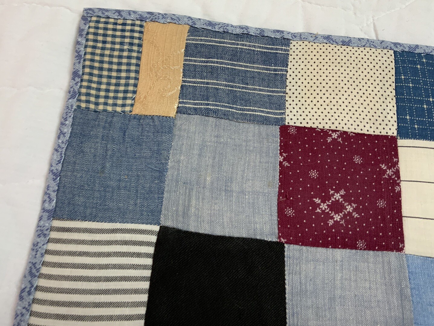 Vintage Antique Patchwork Quilt Table Topper, Four Patch, Early Calicos, Blue