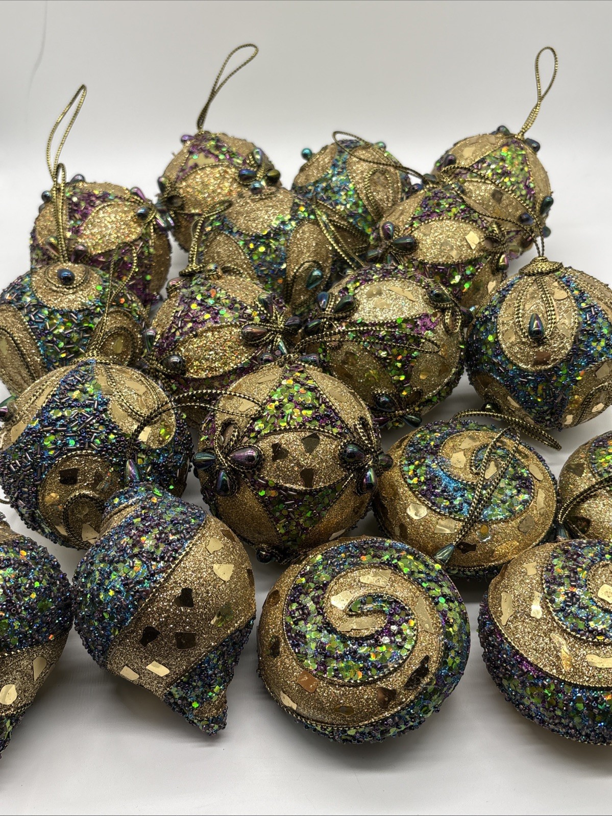 Peacock Colored Christmas Beaded Glass Ornament Lot 18