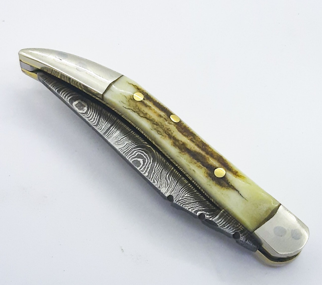 HAND FORGED Texas Toothpick Damascus Stag/Antler Folding Pocket Knife W/Sheath