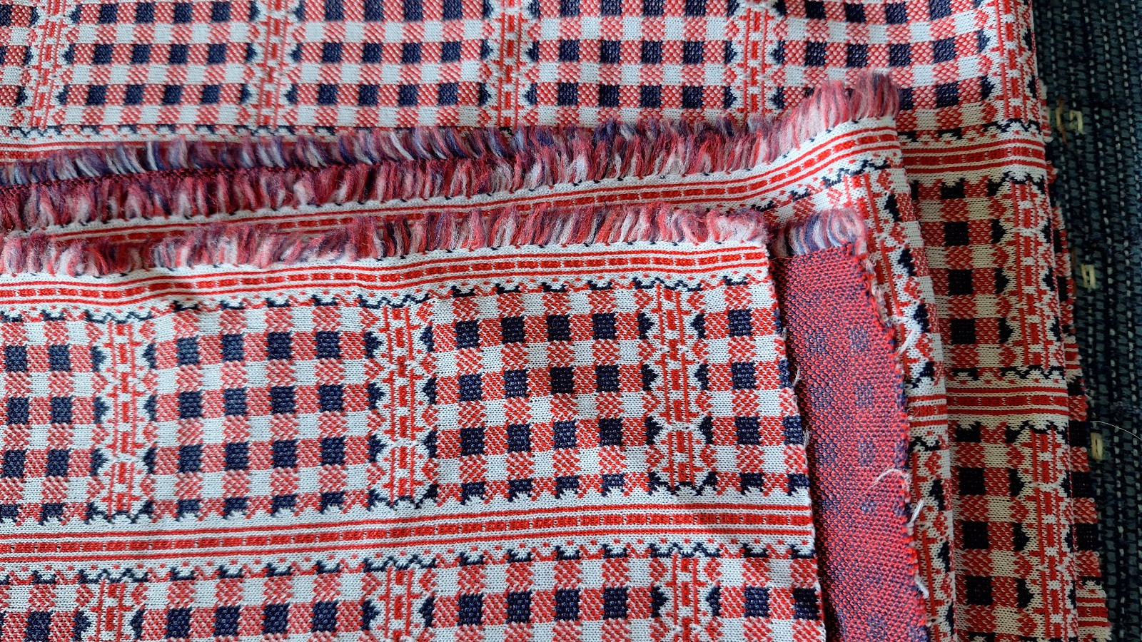 Vintage Double Knit Polyester Red White and Blue Fabric 2.5yd x 60″ Tablecloth
