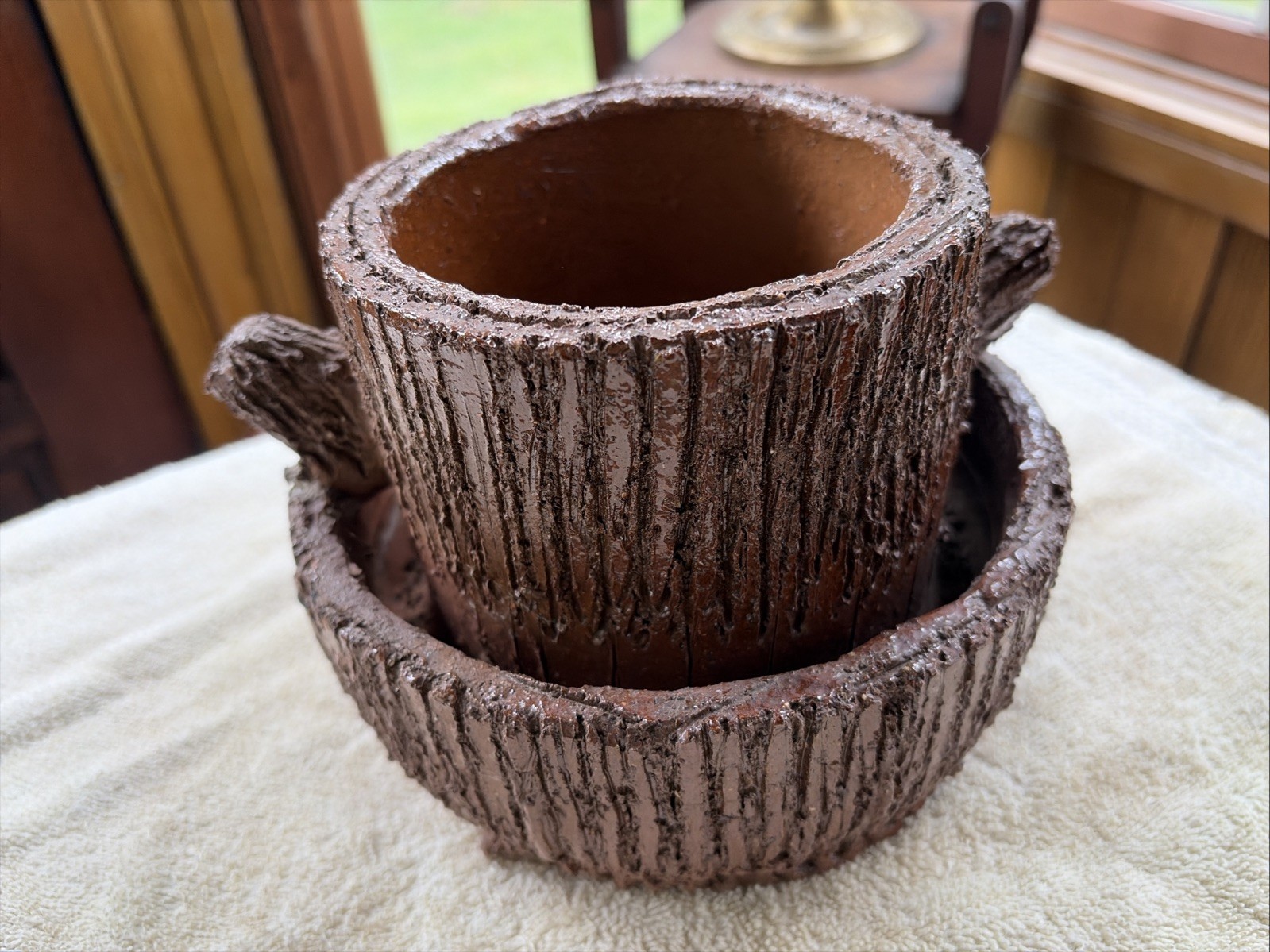 Left Over Clay Folk Art Dark Brown Sewer Tile Tree Stump Planter, Free S/H