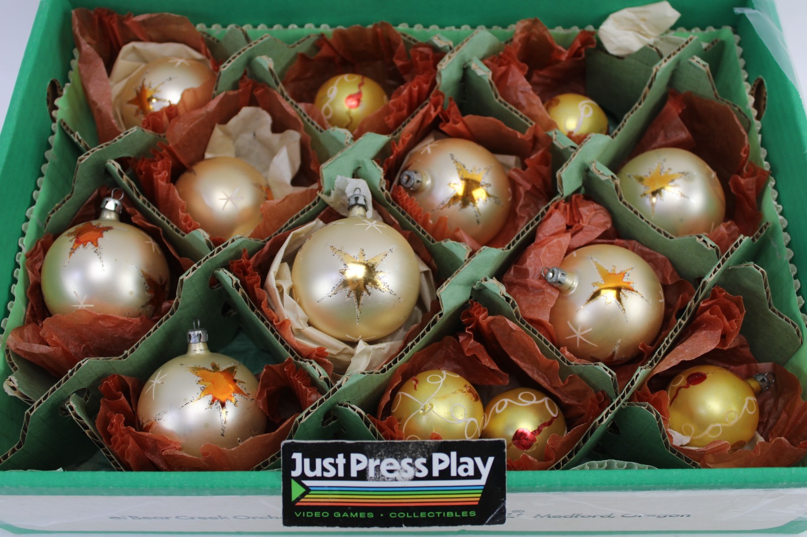 13 Vtg Poland Glass Ornaments Gold Star Atomic Mica + Small Squiggles Dots