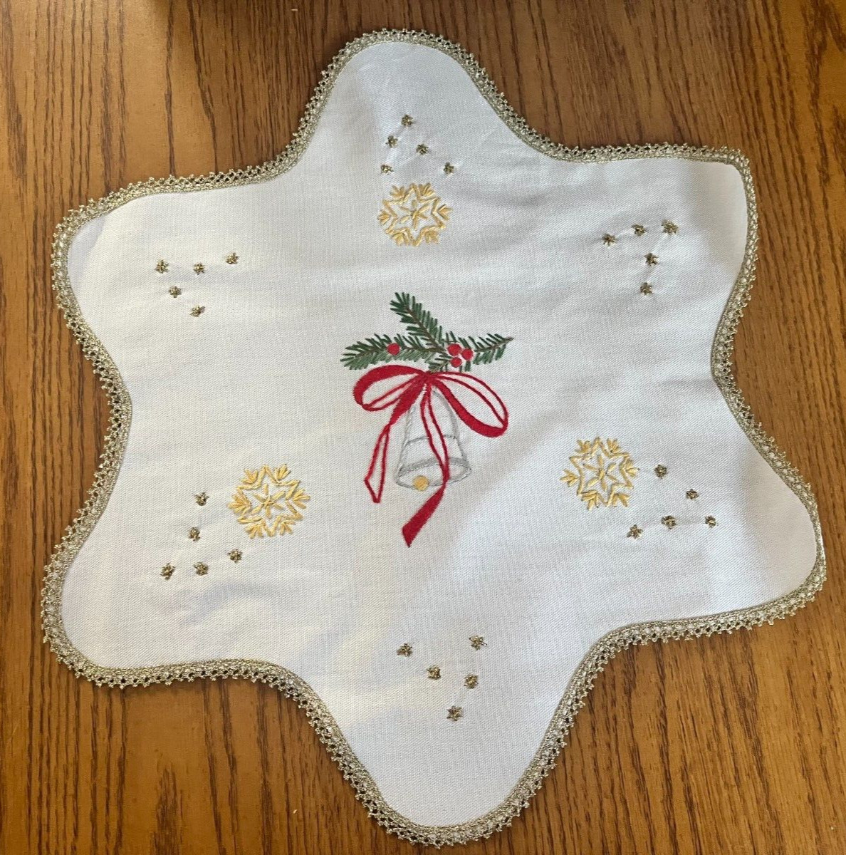 Handmade Christmas Embroidered Doily White Gold Star Pattern 100% Cotton Hungary