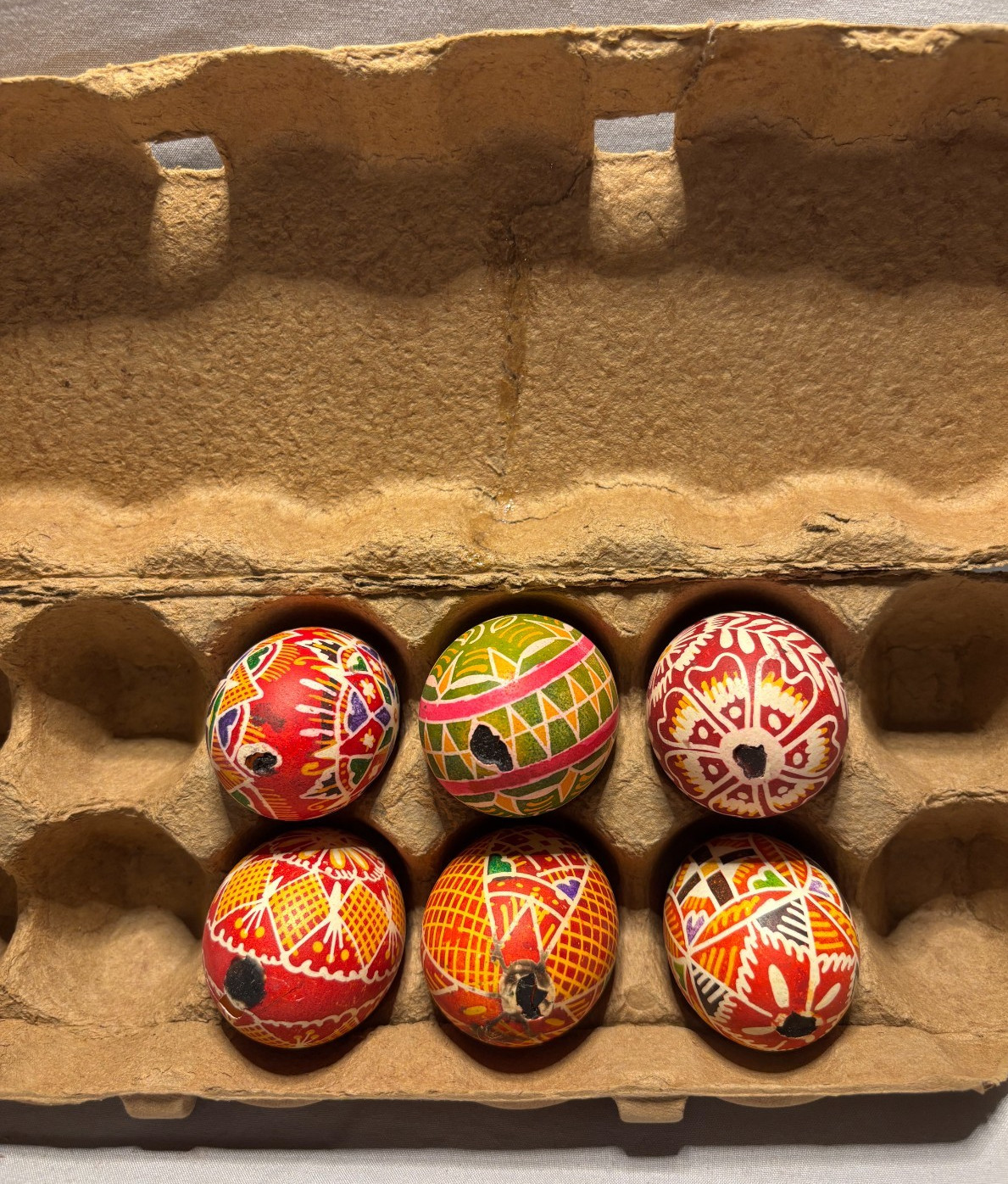 6 Unique Hand Painted Multicolor Eggs and a 1960`s Egg Carton