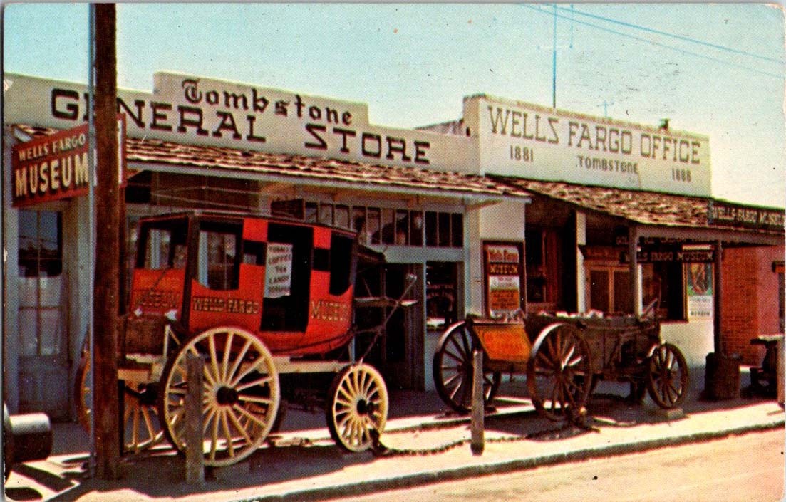 Tombstone AZ postcard TOMBSTONE GENERAL STORE WELLS FARGO OFFICE j/13 BK7319