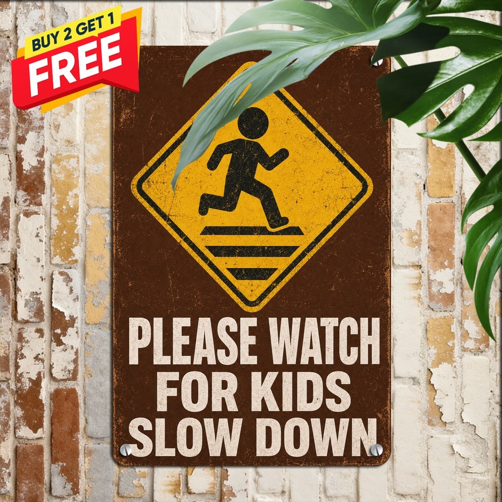 Yellow Diamond Caution Silhouette Icon Playground Safety Notice Metal Tin Plaque