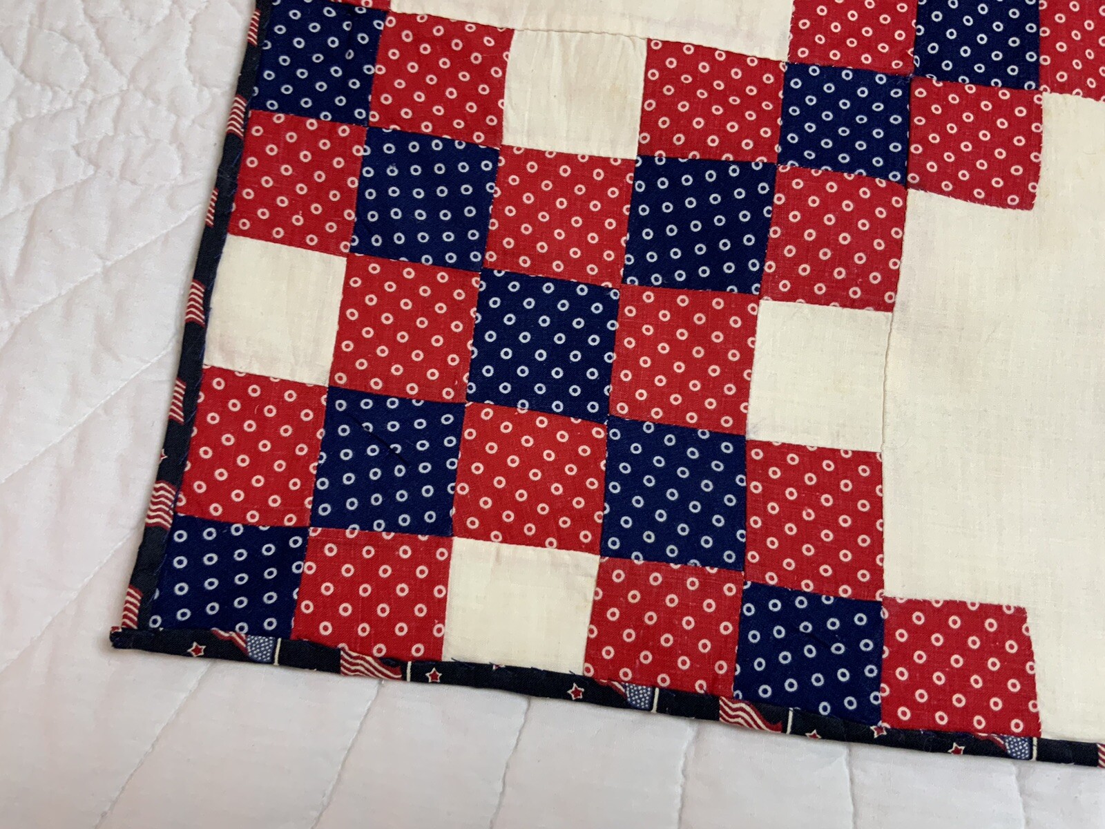 Vintage Patchwork Quilt Table Topper, Nine Patch, Polka Dots, Navy Blue & Red