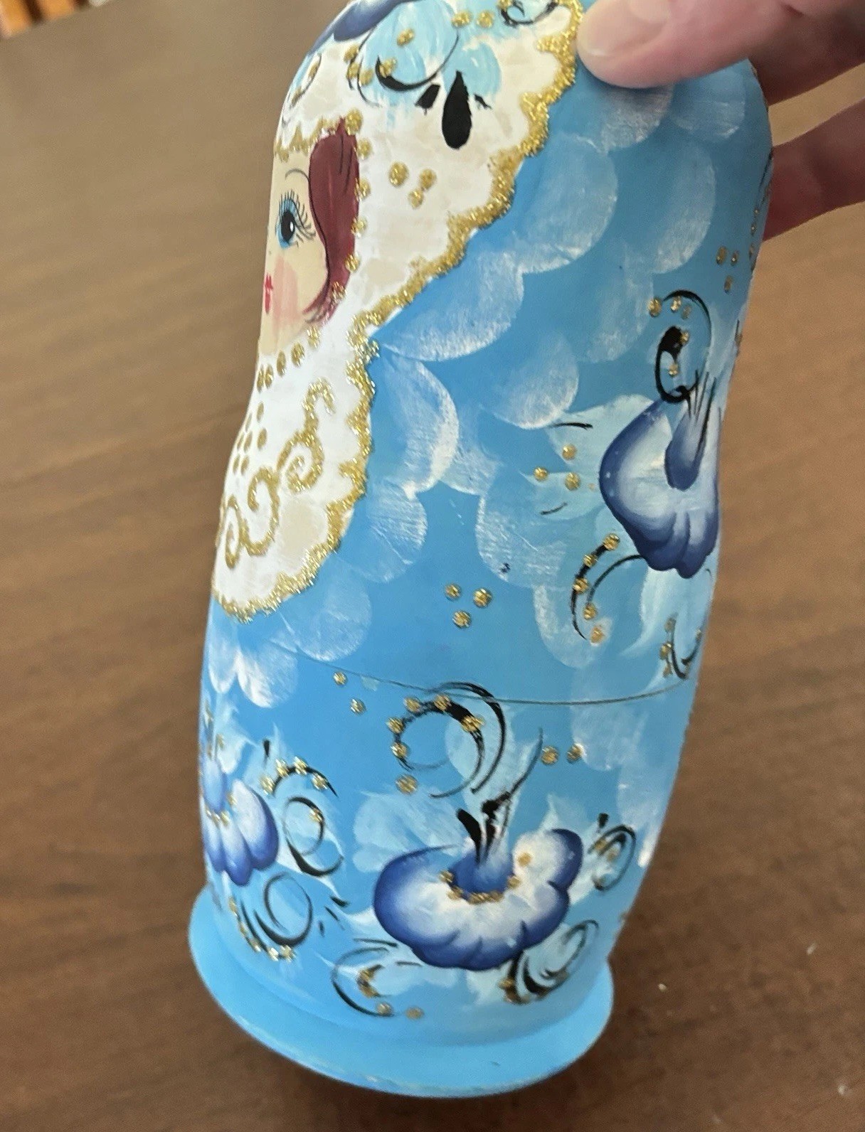 Matryoshka Hand Painted Matte Finish Blue Raised Gold Wood Nesting Doll Set 7 Pc