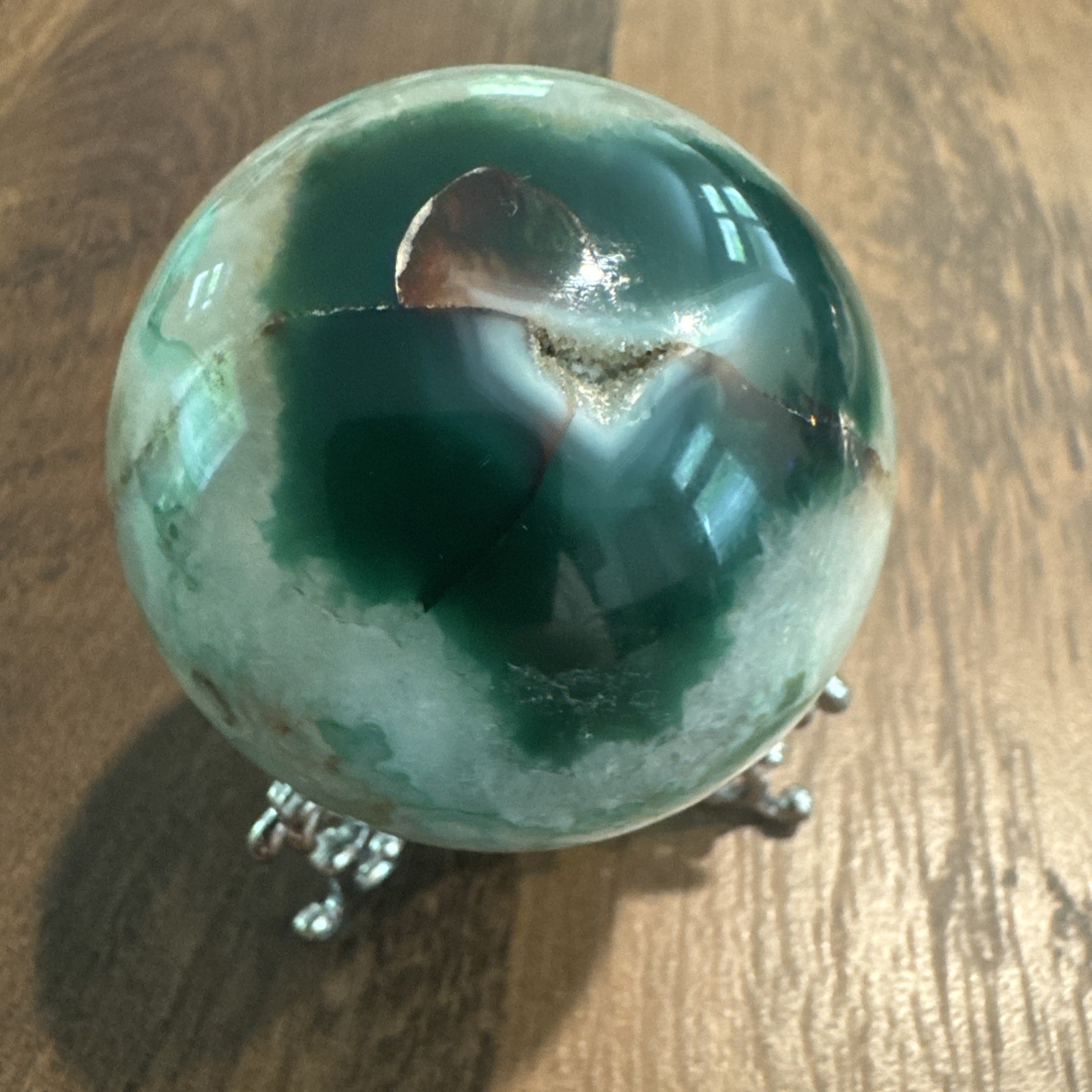 Green Flower Agate Crystal Sphere 219 Grams 54 mm With Small Druzy