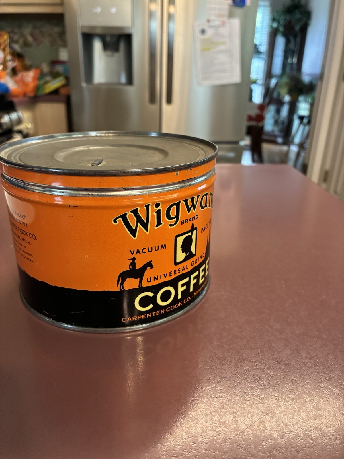 VINTAGE ALL METAL 1 LB. KEYWIND WIGWAM COFFEE TIN CAN MENOMINEE MI. TEEPEE’S