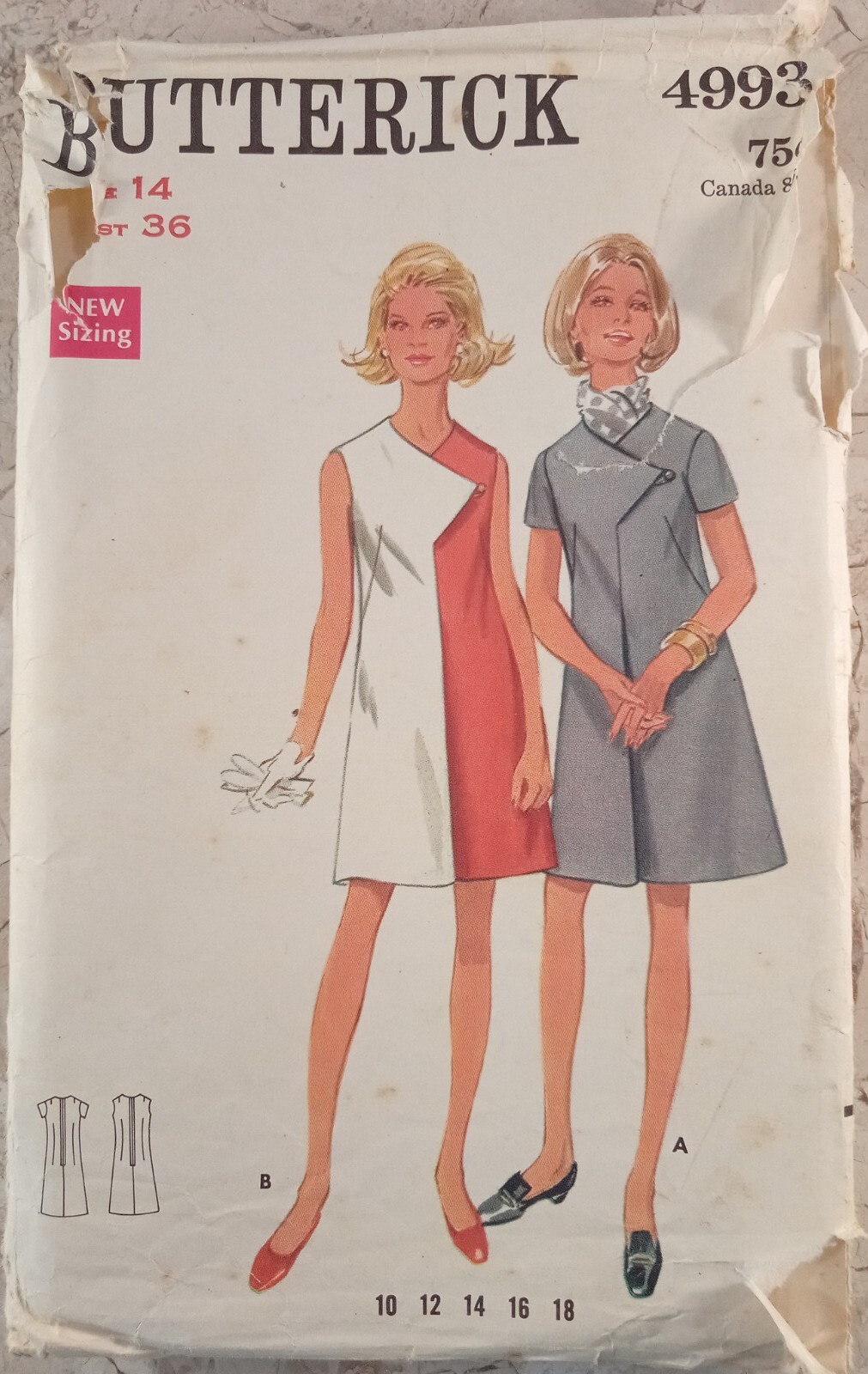 BUTTERICK 4993 Pattern VTG 60s UNCUT Dress Semi-fit A-line Asymmetrical front 14