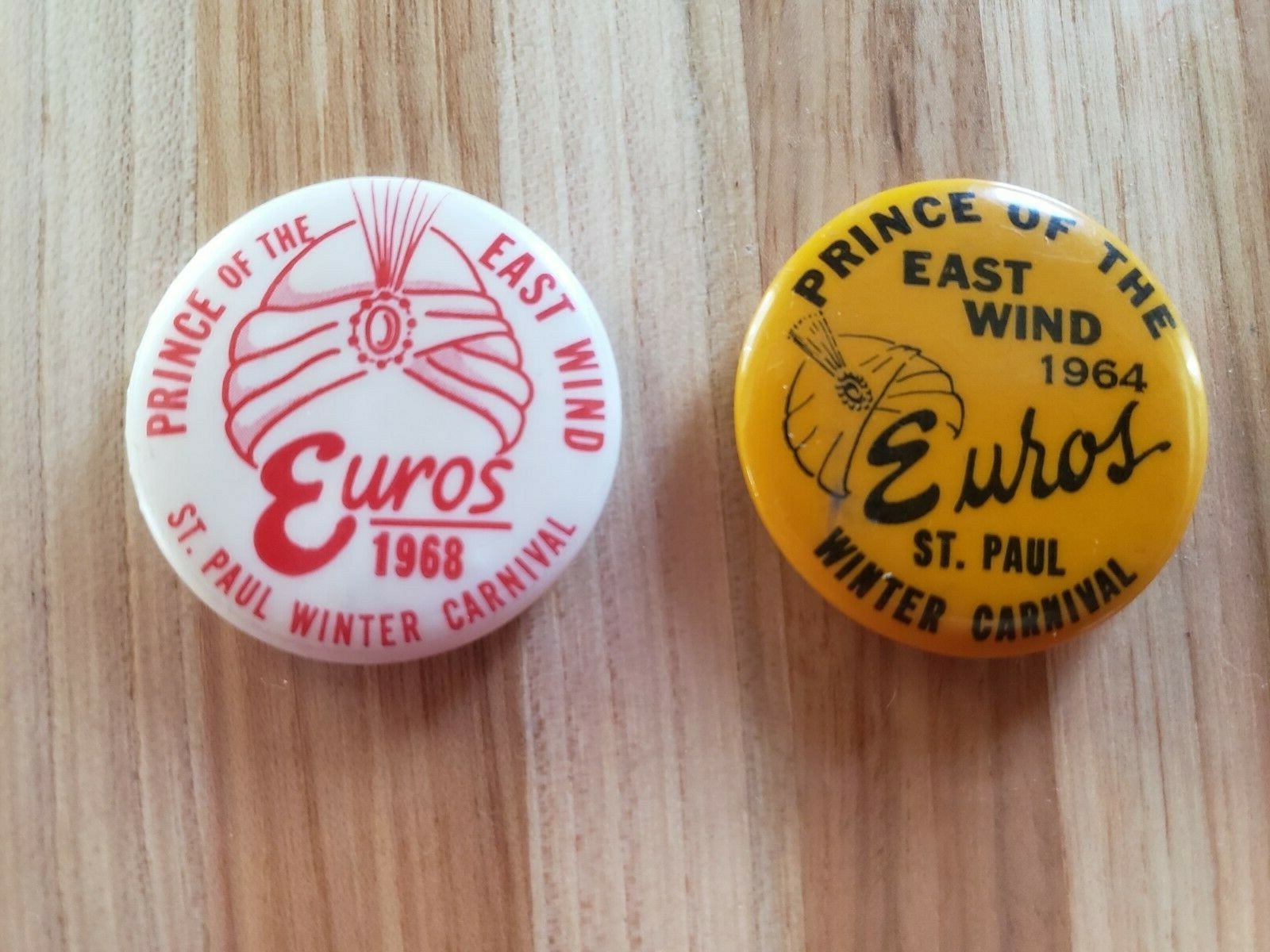 ST. PAUL WINTER CARNIVAL – 1964,1968 ~ Prince of the East Wind Pin Backs EUROS