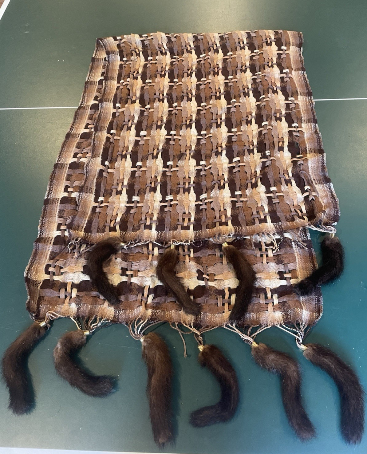 Vintage 1970s Boho Woven Table Runner or Scarf w/ Real Mink Tail Fringe Rustic