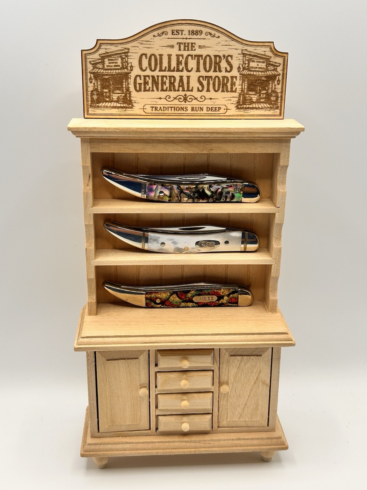 Custom Mini General Store Pocket Knife Display Cabinet Wood Shelf Stand Decor
