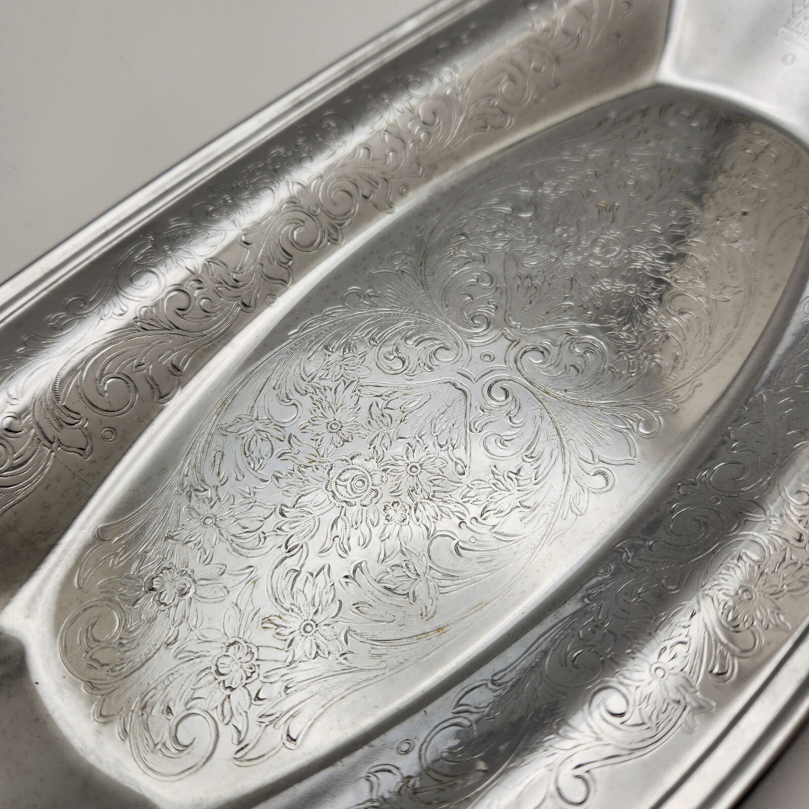 Chrome Etched Platter Serving Tray Vintage Irvinware Silvertone 13 x 6 USA