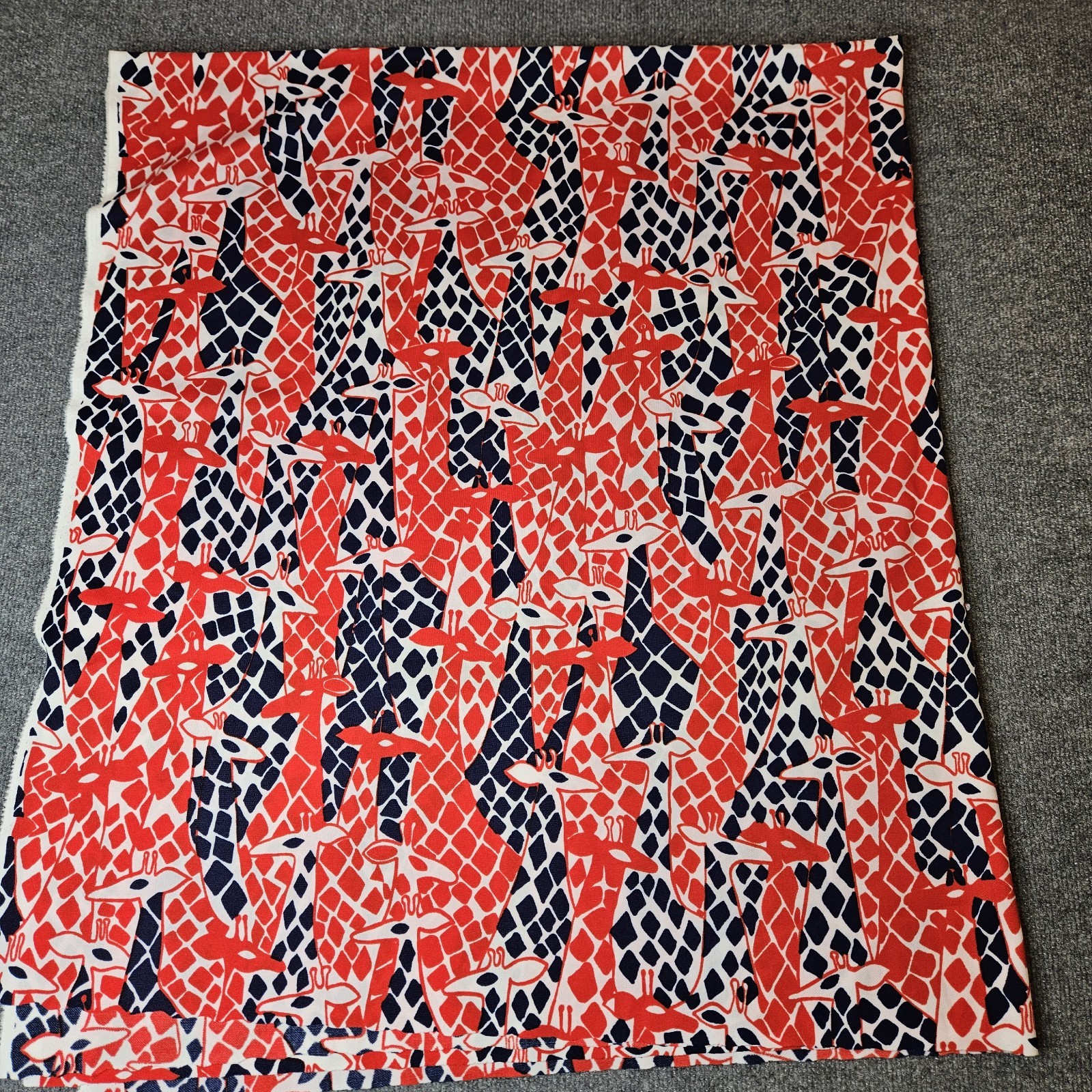 Vintage 1970s Fabric 2 Yards Nylon Poly Stretch Red Blue Giraffes Geometric