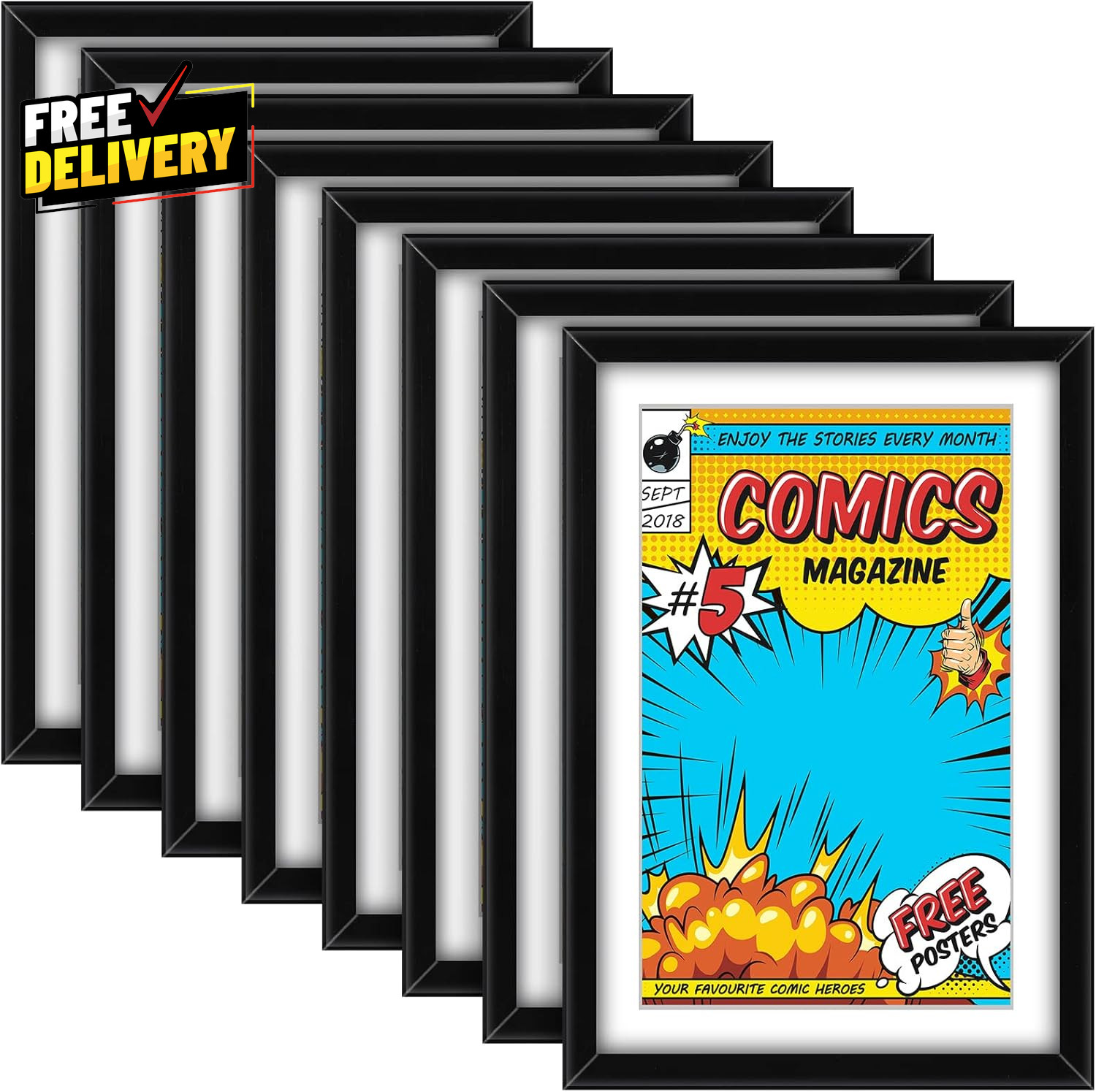 8-Pack Comic Book Frames UV Protection Wall or Tabletop Display Black White…