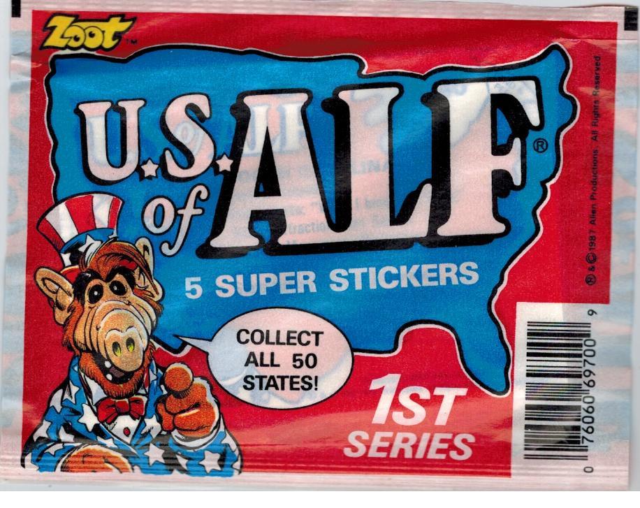 1987 U.S OF ALF 3 UNOPENED 5 STICKER PACK FROM BOX ZOOT COLLECT ALL 50 STATES