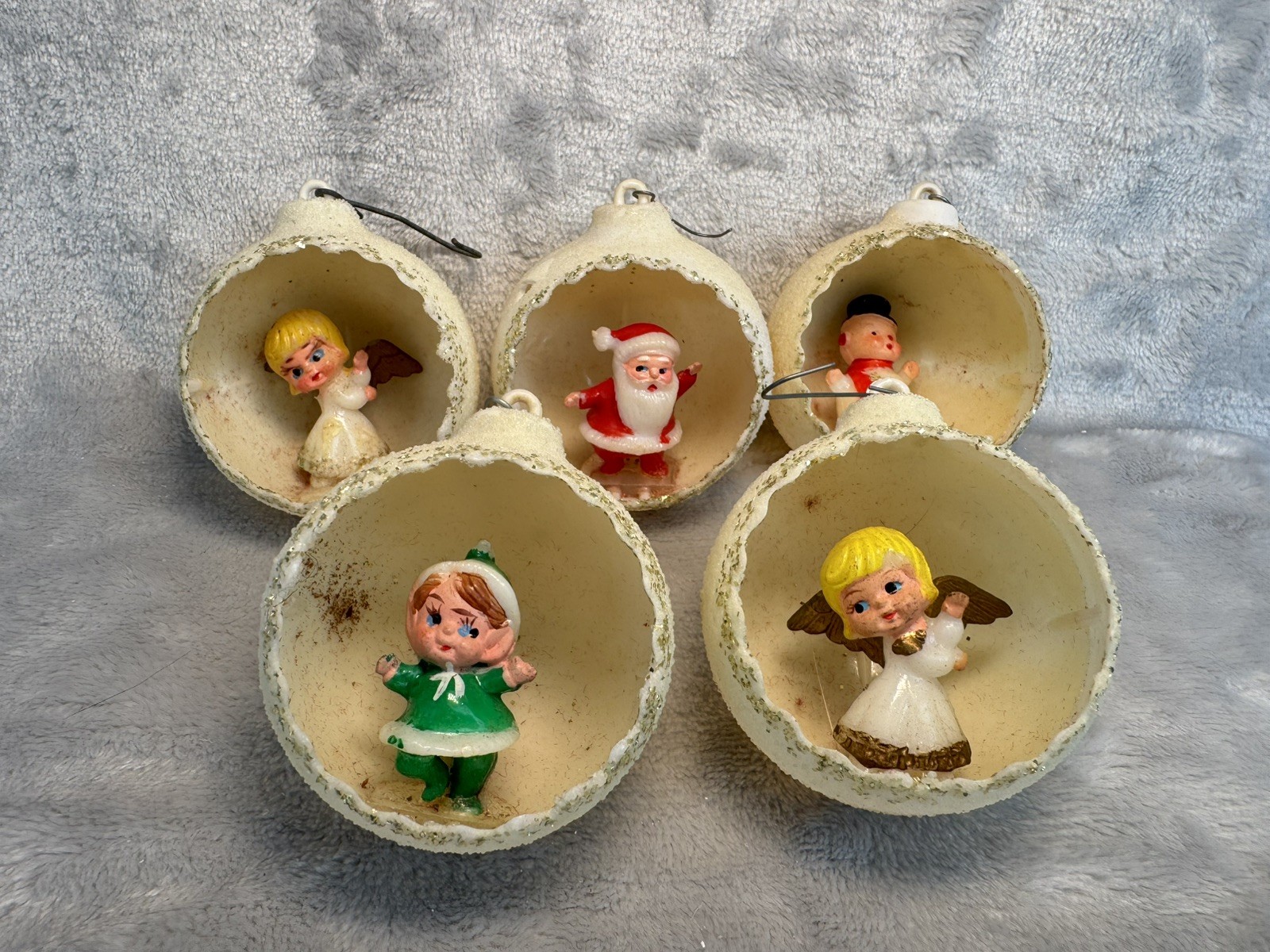 5 Vintage Jewel Brite Diorama Christmas Ornaments Elf Santa Sugared Glitter