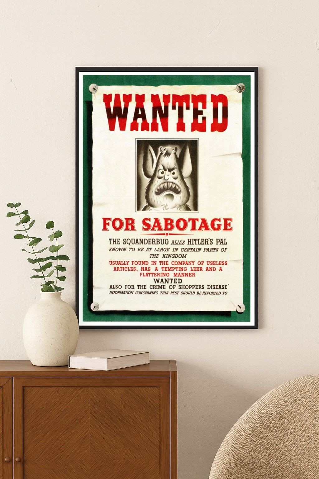 Wanted Squanderbug WW2 Propaganda Poster – 24×36” – Mid-century Modern 💎