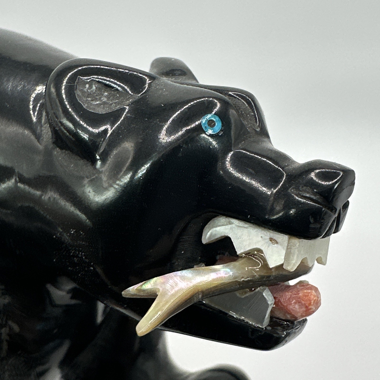 Herbert Davis Large Jet Black Bear Carved Fetish MOP Fish 3.25″ x 5″ Navajo