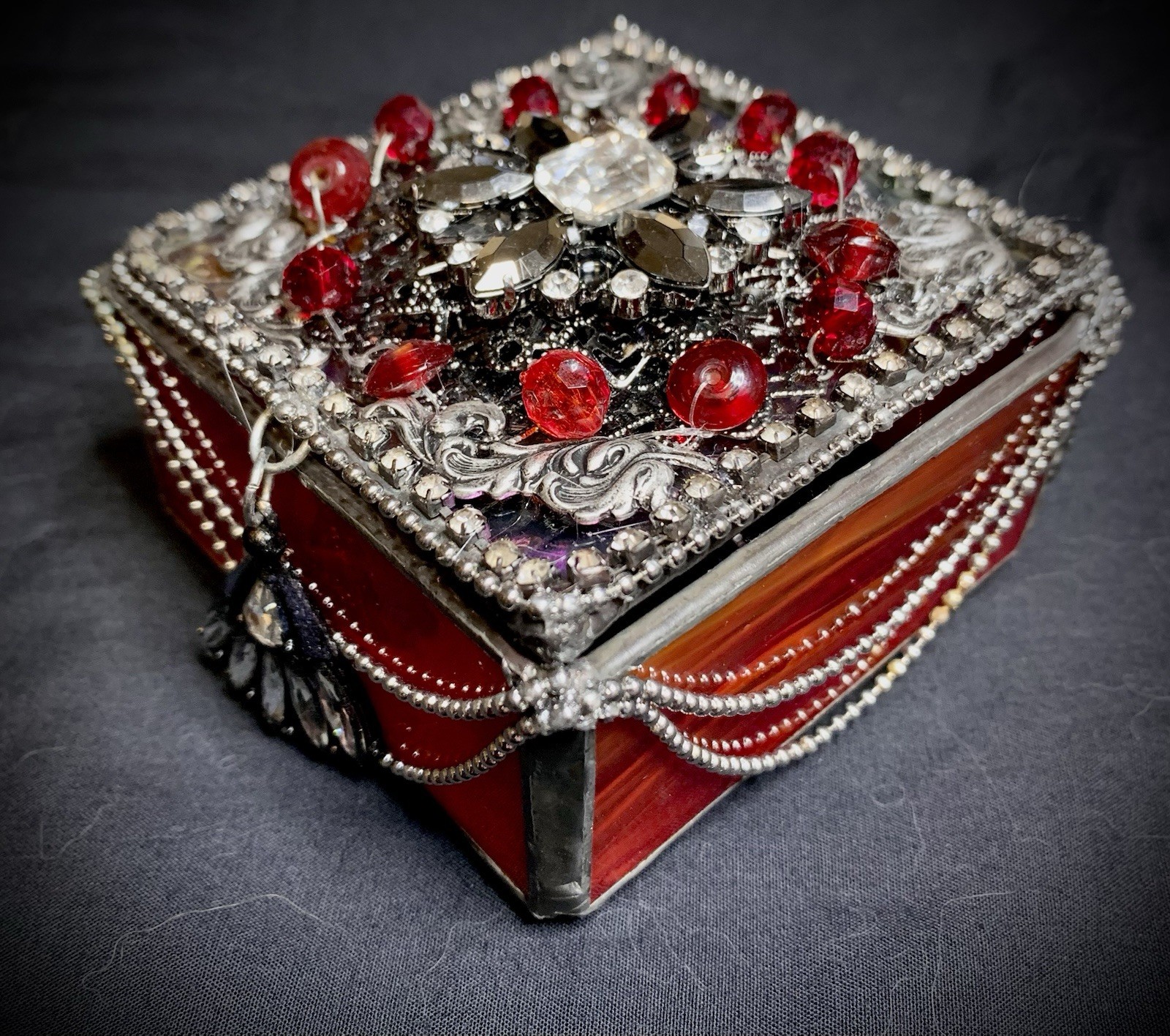 Red, Black, and Silver tone Stained Glass Glass Box Decorated Jeweled