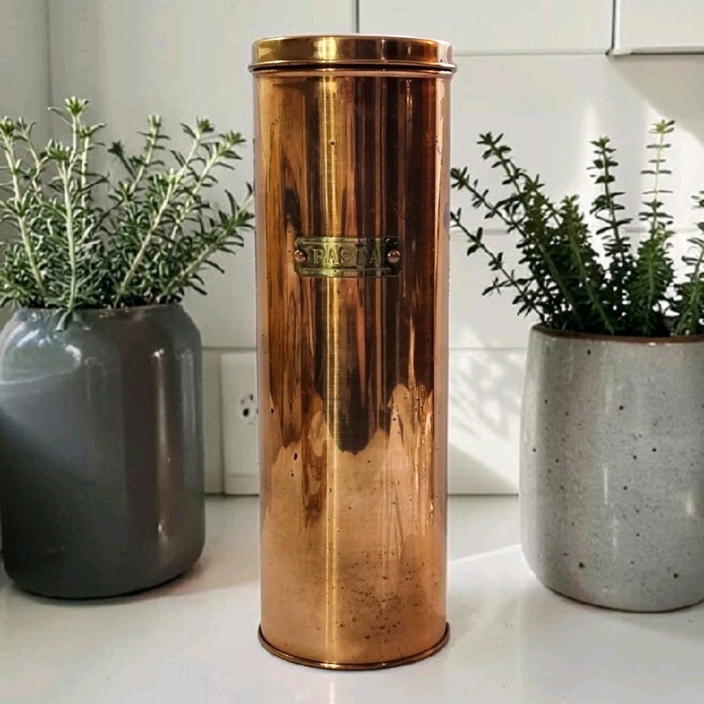 Vintage Copper Pasta Cannister W/Brass Label & Portion Measurer 11″Tall EC