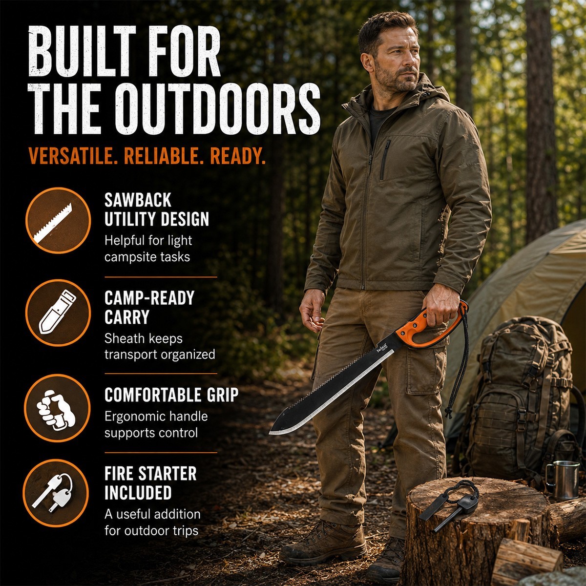26″ Tactical Master Fixed Blade Sawback Machete with a Survival Fire Starter