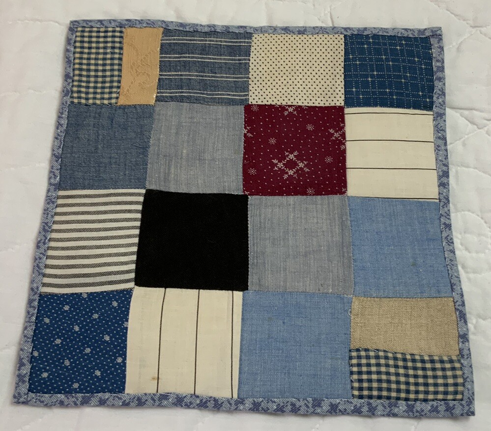 Vintage Antique Patchwork Quilt Table Topper, Four Patch, Early Calicos, Blue