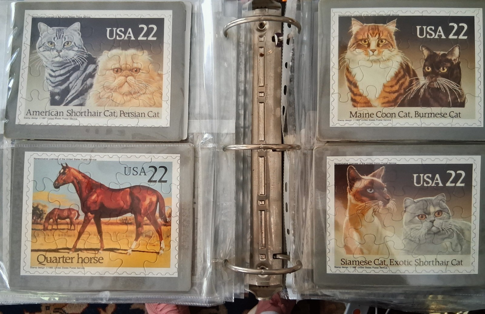 130+/- Postcards USPS Stamps: Santas w/Postage, 50 States in Album, Sleeves