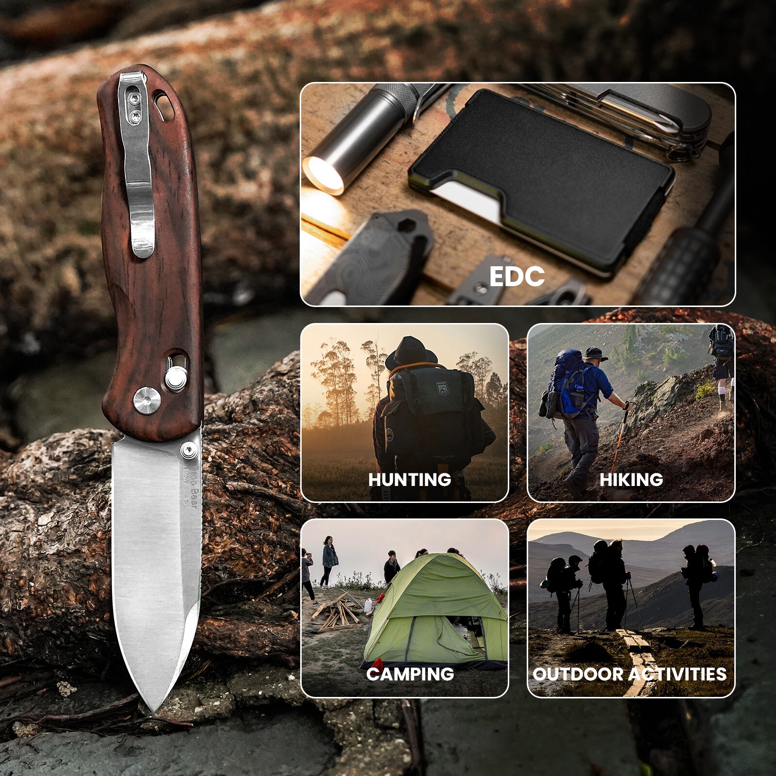 Kizer Drop Bear EDC Folding Pocket Knife Nitro V Steel Blade Wood Handle V3619A6