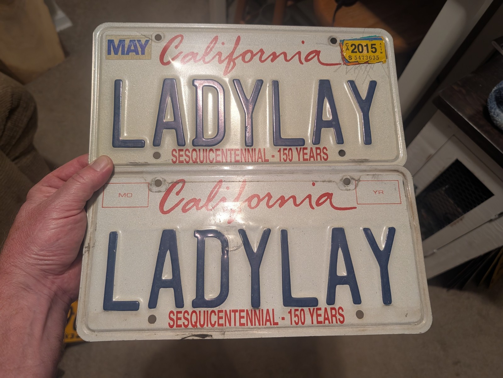 A+ 2015 CALIFORNIA PAIR VANITY LICENSE PLATES LADYLAY ERIC CLAPTON 150 YEARS
