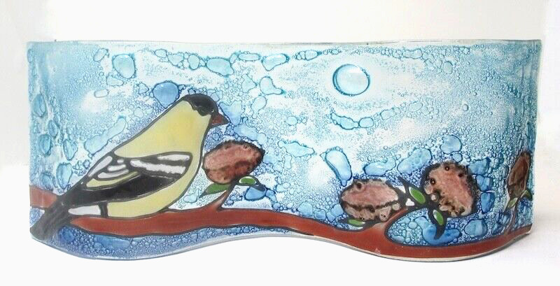 Wavy Fused (?) Art Glass Piece With Yellow Bird, Nuts And Bubbles