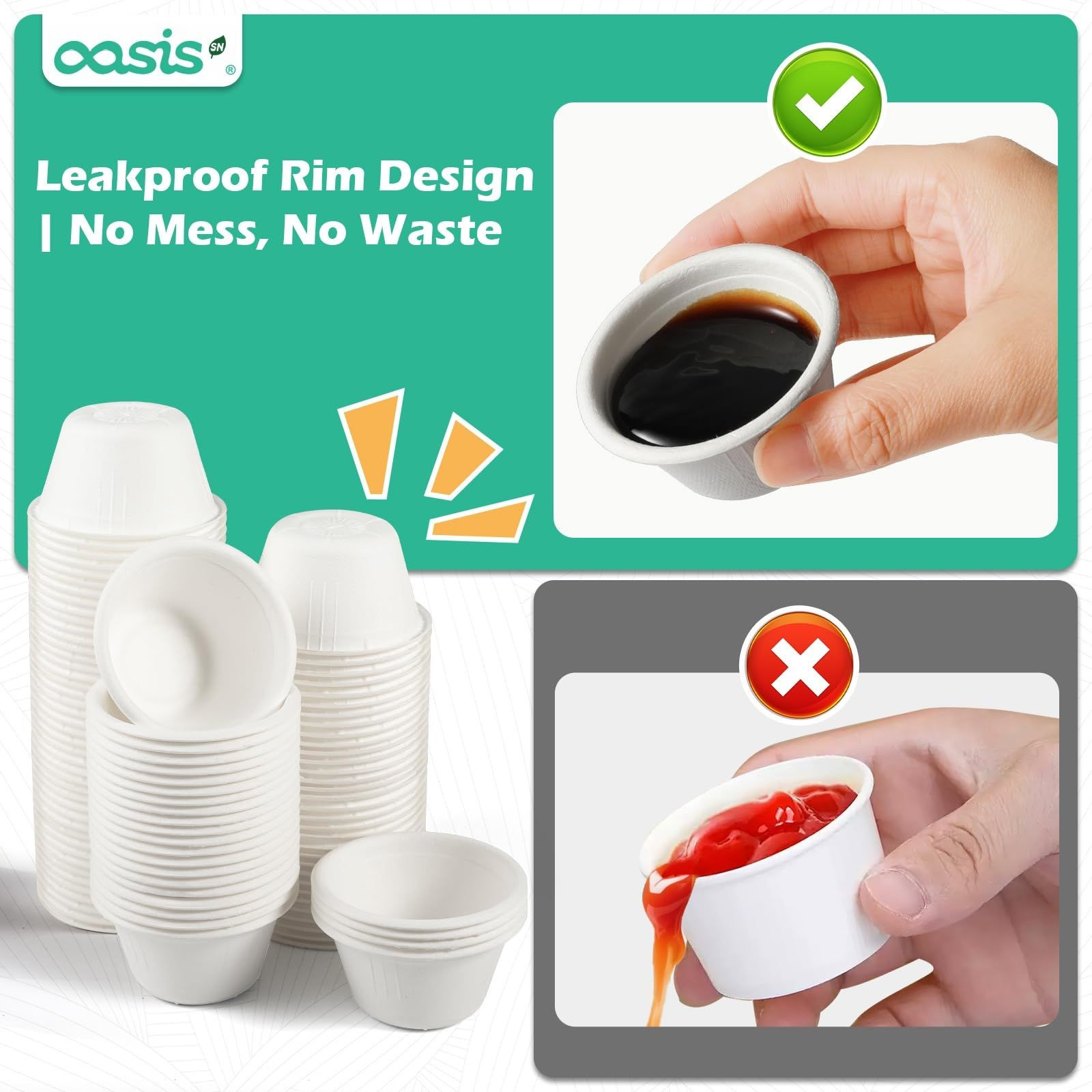 OasisSN [𝟐𝐨𝐳, 𝟓𝟎𝟎-𝐏𝐚𝐜𝐤] Compostable Souffle Cups, 2 Ounce, White