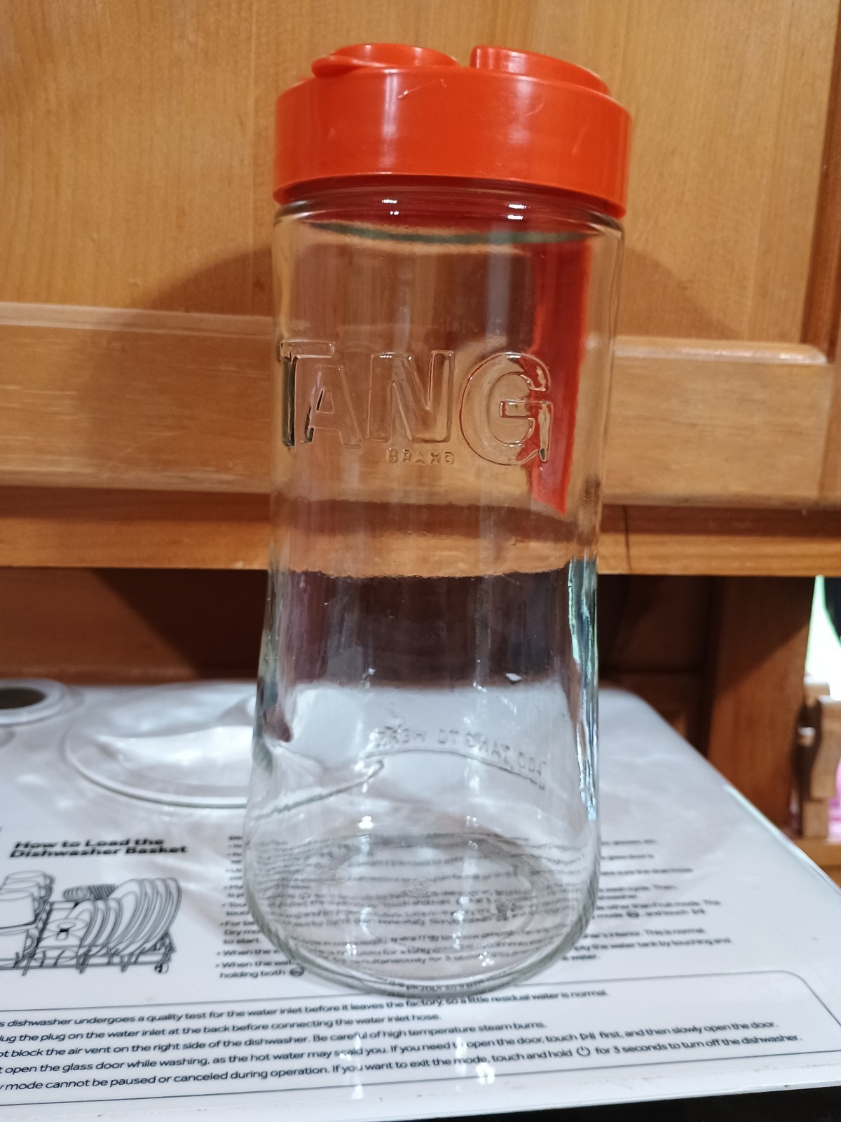 *Vintage TANG Glass Jar Juice Pitcher Orange Plastic Pour Lid Anchor Hocking 1